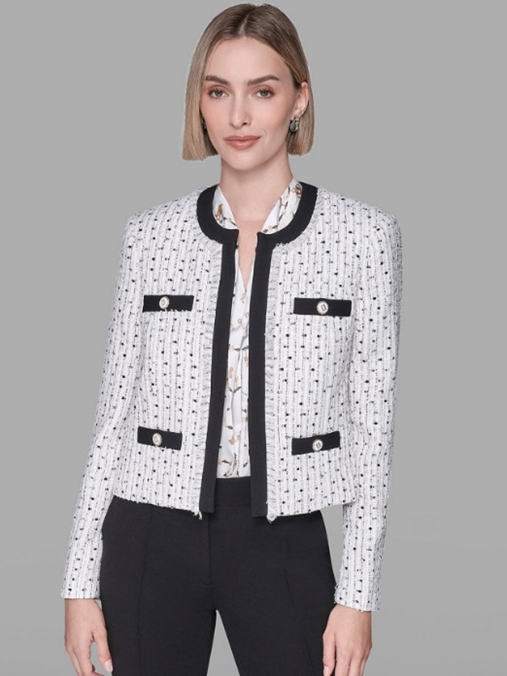 Karl Lagerfeld White Tweed Cropped Blazer with Black Trim